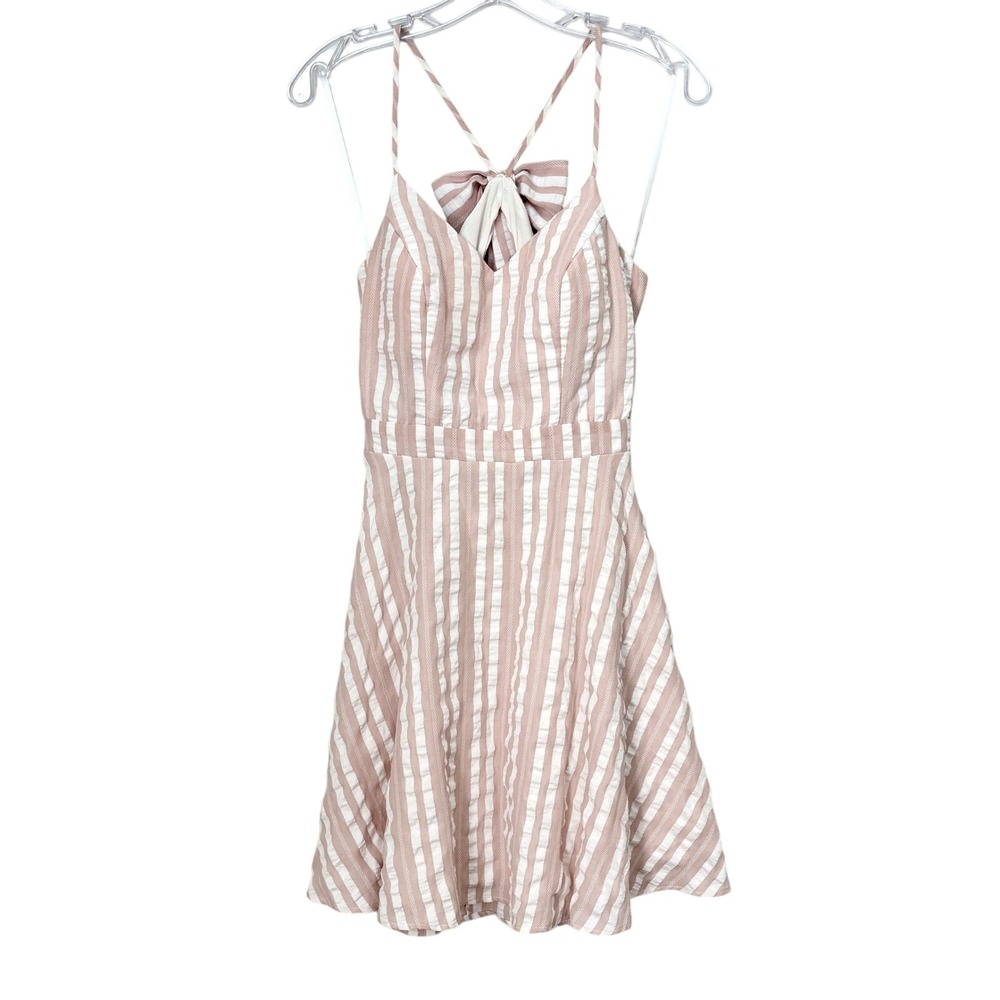 City Vibe Pink‎ & White Striped Strappy Short Dress Pockets Open Back Girly